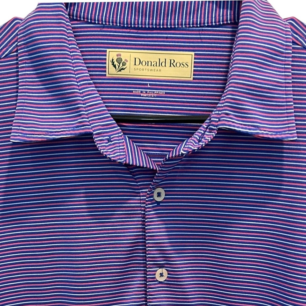 Donald Ross Polo Shirt Large Men's Blue Pink Striped Performance Pelican Golf